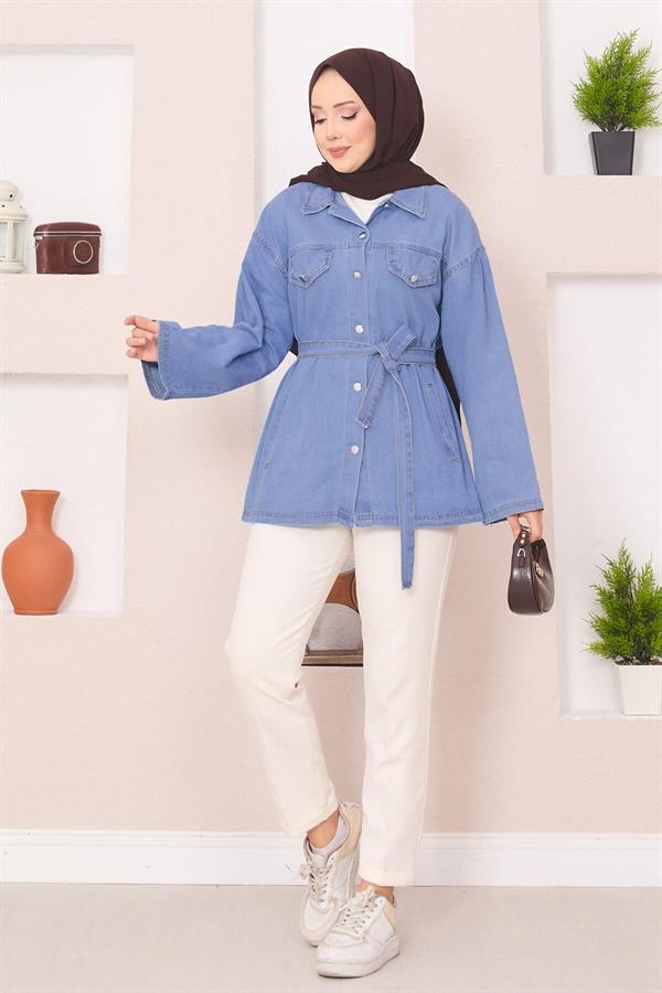 Denim Jacket with Pocket Detail and Removable Belt, Light Blue