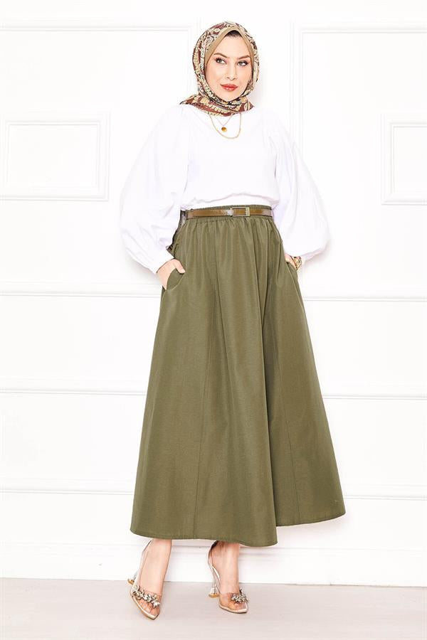 Pocket Detailed Sporty Terikoton Skirt Khaki