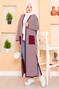 Zigzag Striped Hijab Knitwear Cardigan with Pocket Detail, Burgundy