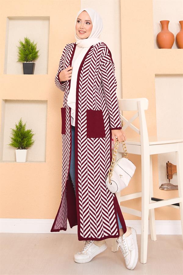 Zigzag Striped Hijab Knitwear Cardigan with Pocket Detail, Burgundy