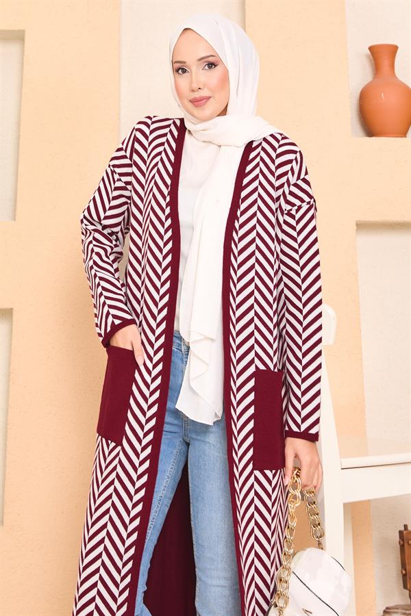 Zigzag Striped Hijab Knitwear Cardigan with Pocket Detail, Burgundy