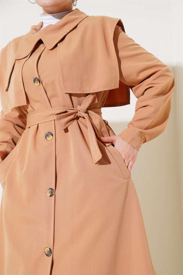 Pocket Flap Detailed Cape Trench Coat Camel