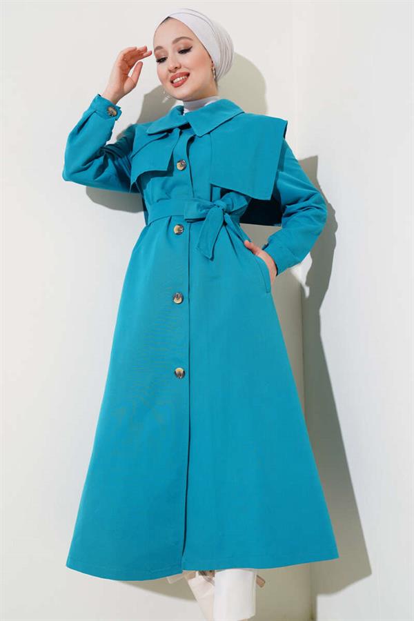 Trench Coat with Pocket Flap Detail and Cape Petrol