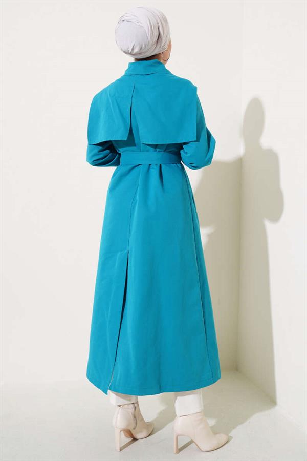 Trench Coat with Pocket Flap Detail and Cape Petrol