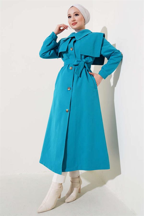 Trench Coat with Pocket Flap Detail and Cape Petrol