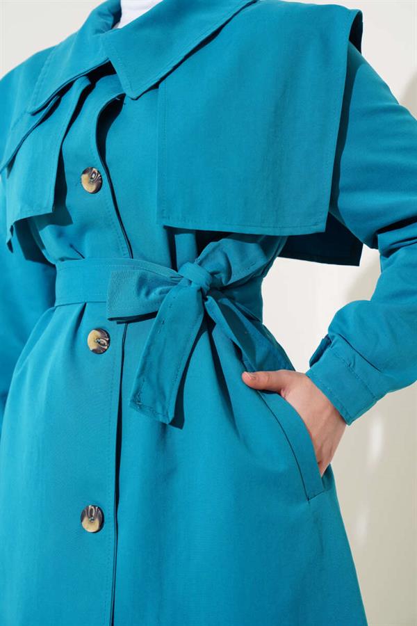 Trench Coat with Pocket Flap Detail and Cape Petrol