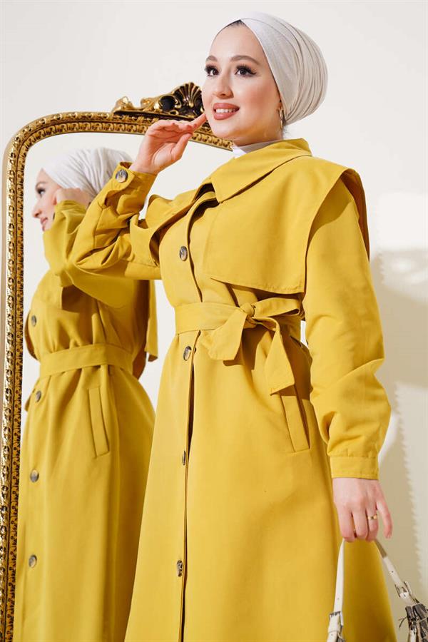 Pocket Flap Detailed Cape Trench Coat Oil Green