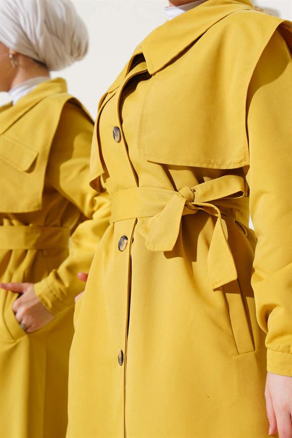 Pocket Flap Detailed Cape Trench Coat Oil Green