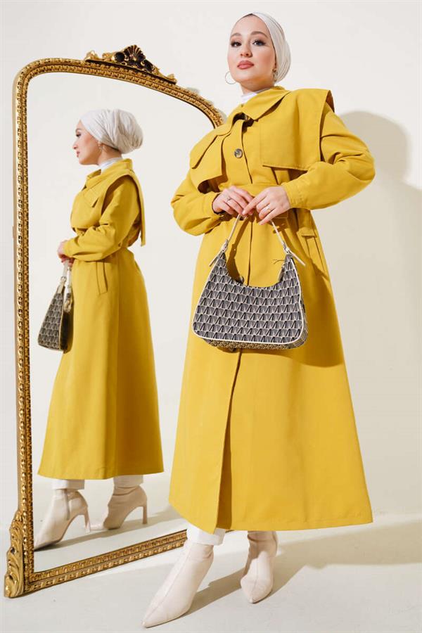 Pocket Flap Detailed Cape Trench Coat Oil Green