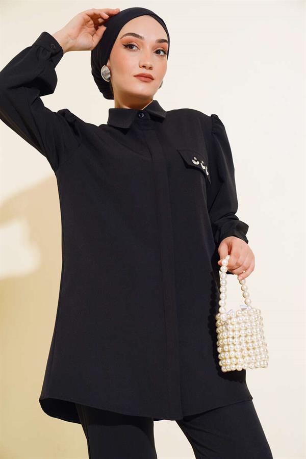 Pocket Cover Stone Detailed 2 Piece Set Black