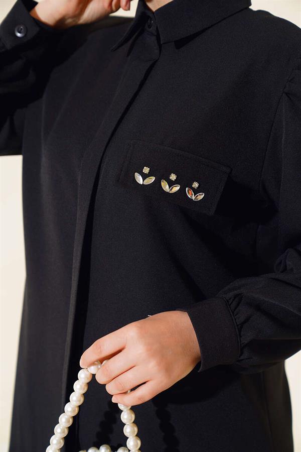 Pocket Cover Stone Detailed 2 Piece Set Black