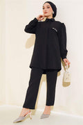 Pocket Cover Stone Detailed 2 Piece Set Black