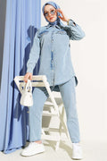 Denim 2 Piece Set with Rhinestone Buttons on Pocket Flaps, Light Blue