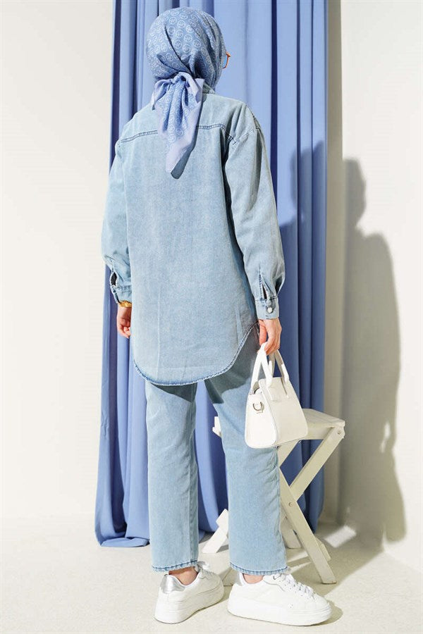Denim 2 Piece Set with Rhinestone Buttons on Pocket Flaps, Light Blue