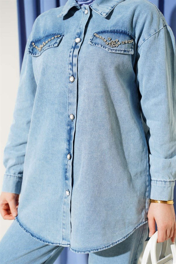Denim 2 Piece Set with Rhinestone Buttons on Pocket Flaps, Light Blue