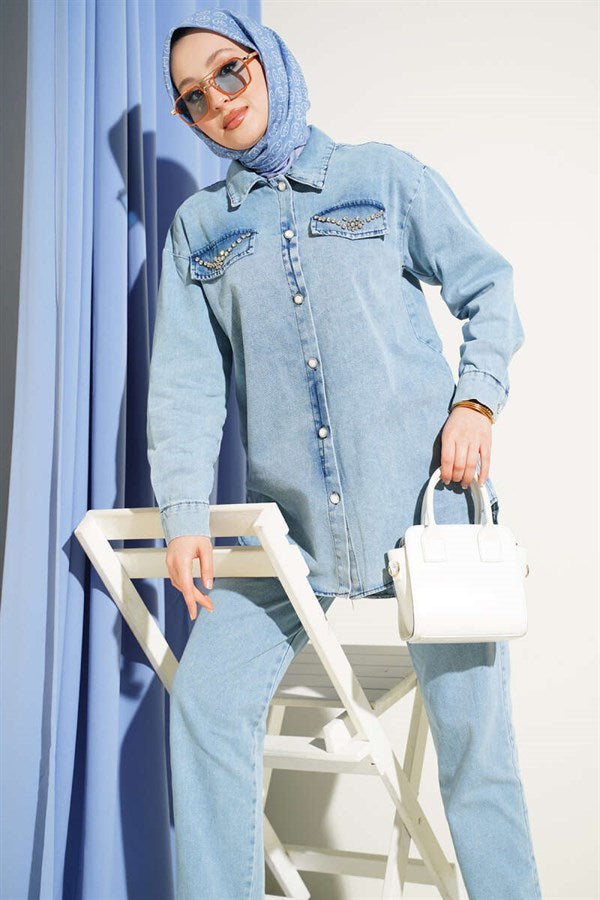 Denim 2 Piece Set with Rhinestone Buttons on Pocket Flaps, Light Blue