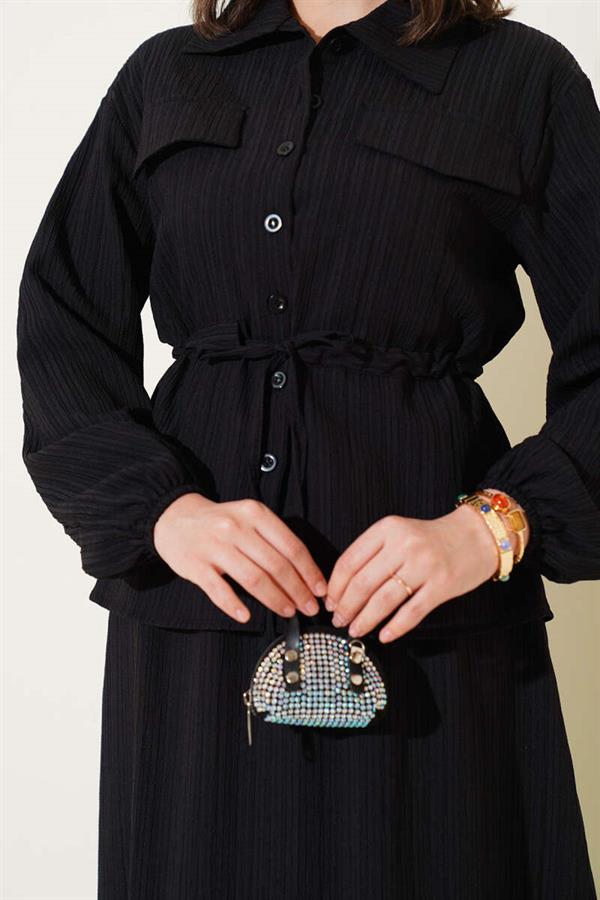 Pocket Flap Waist Tunnel Skirted Wrap Suit Black