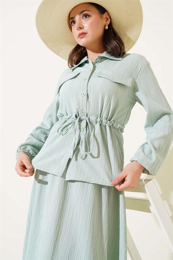 Pocket Flap Waist Tunnel Skirted Wrap Suit Mint