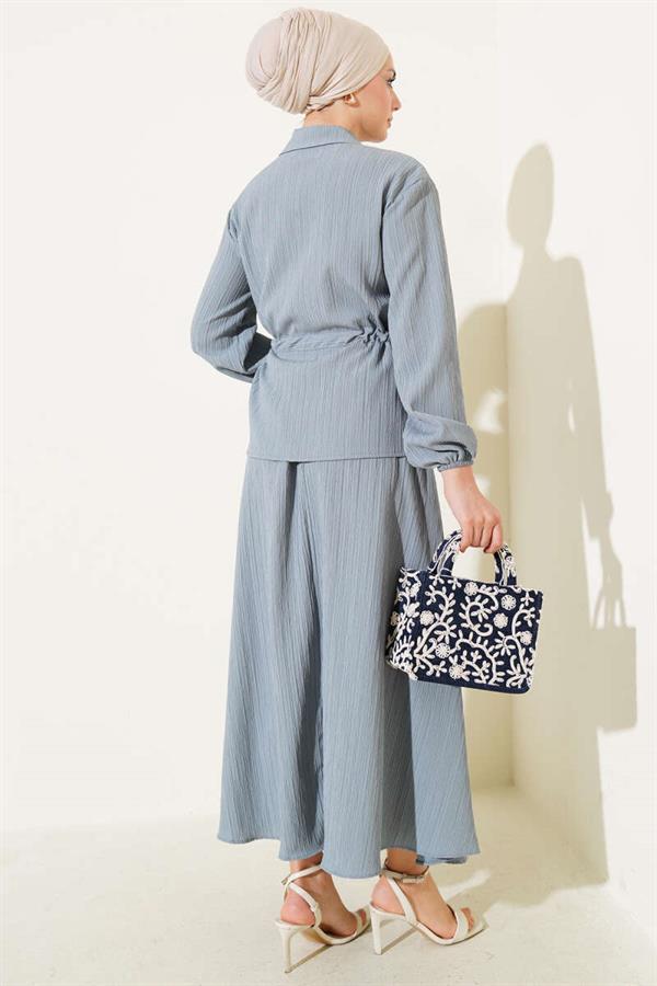 Pocket Flap Waist Tunnel Skirted Crepe Suit Gray