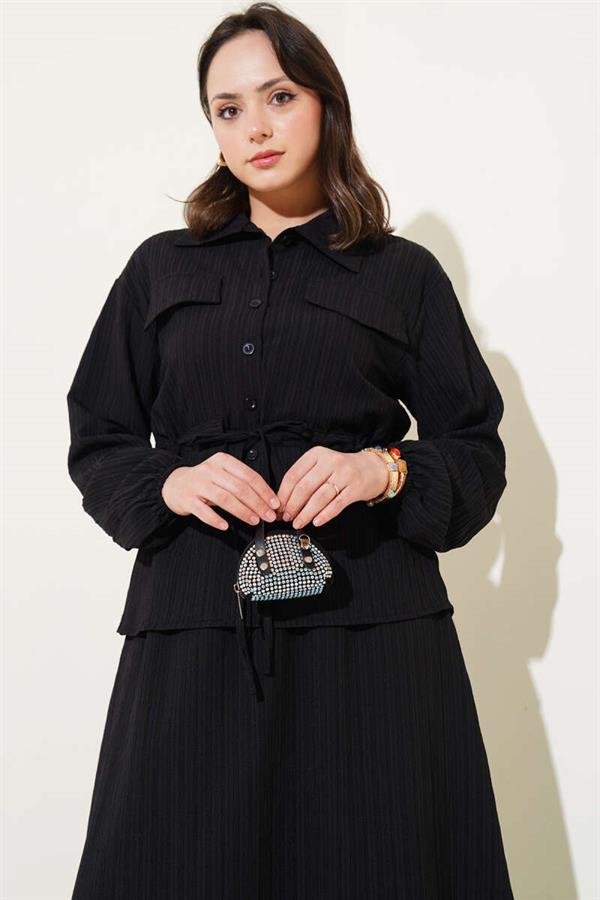 Pocket Flap Waist Tunnel Skirted Wrap Suit Black