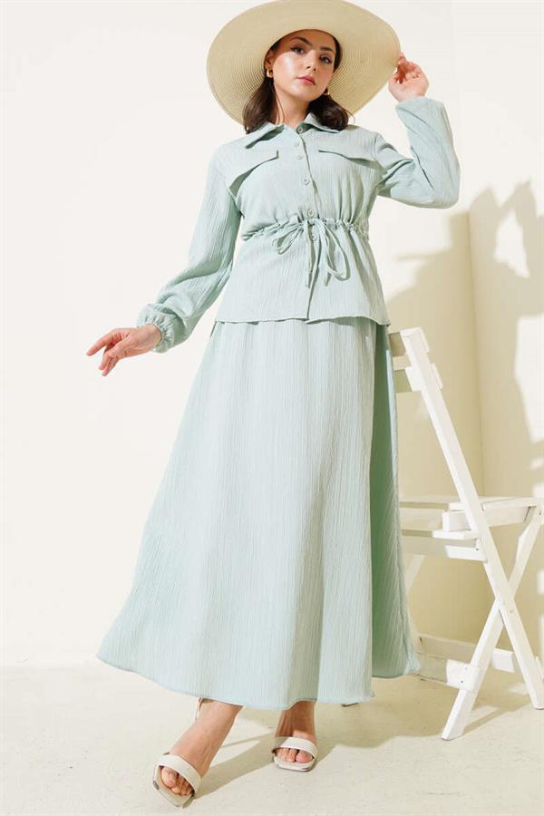 Pocket Flap Waist Tunnel Skirted Wrap Suit Mint