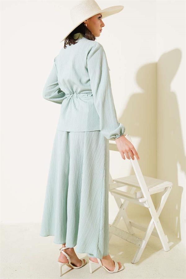 Pocket Flap Waist Tunnel Skirted Wrap Suit Mint