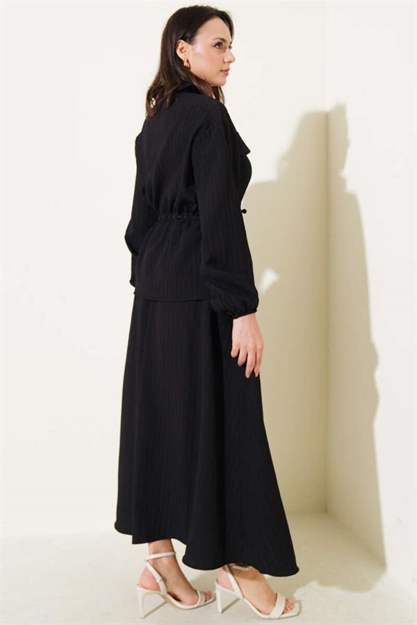 Pocket Flap Waist Tunnel Skirted Wrap Suit Black