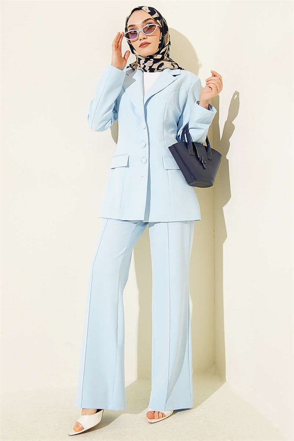 2 Piece Set with Pocket Flap Blazer Suit 2 Piece Set Jacket, Baby Blue