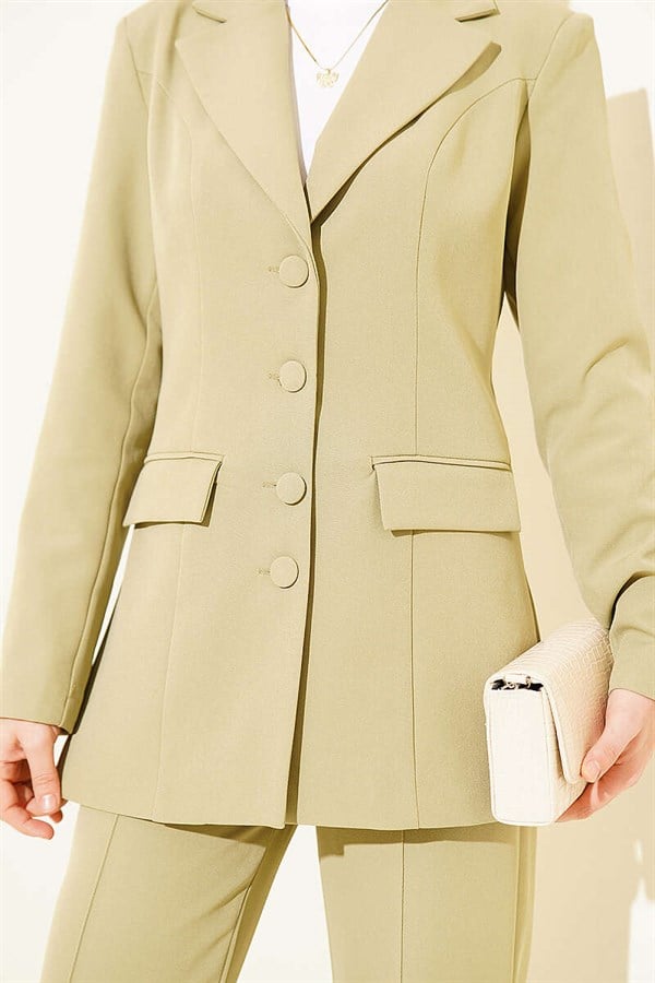 Two-piece suit with pocket flap blazer jacket, mint green.