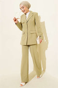 Two-piece suit with pocket flap blazer jacket, mint green.