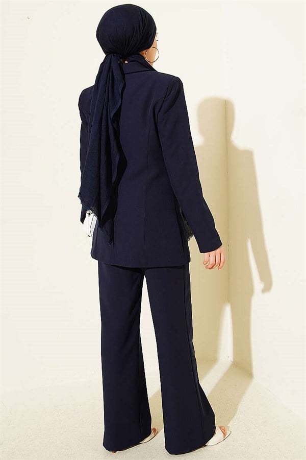 Navy Blue 2 Piece Set with Pocket Flap Blazer Suit 2 Piece Set Jacket