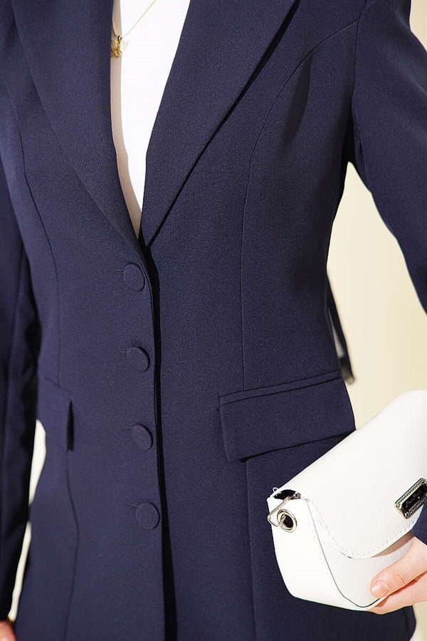 Navy Blue 2 Piece Set with Pocket Flap Blazer Suit 2 Piece Set Jacket
