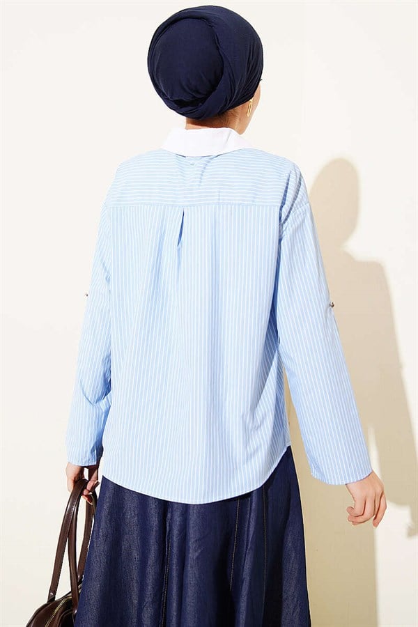 Striped Short Shirt with Pocket Flap, Baby Blue