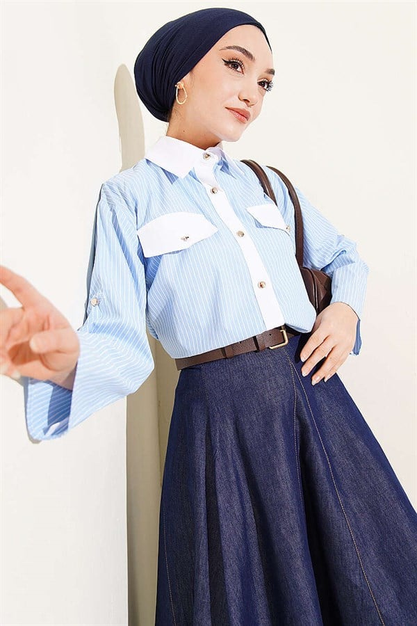 Striped Short Shirt with Pocket Flap, Baby Blue