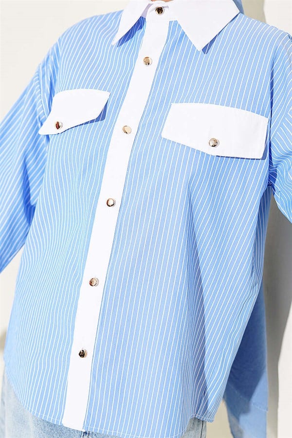 Striped Short Shirt with Pocket Flap, Blue