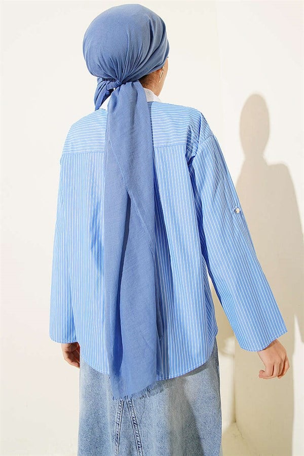 Striped Short Shirt with Pocket Flap, Blue