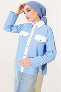 Striped Short Shirt with Pocket Flap, Blue
