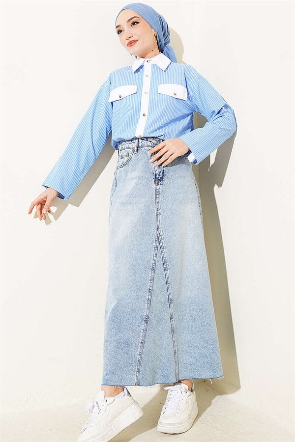 Striped Short Shirt with Pocket Flap, Blue