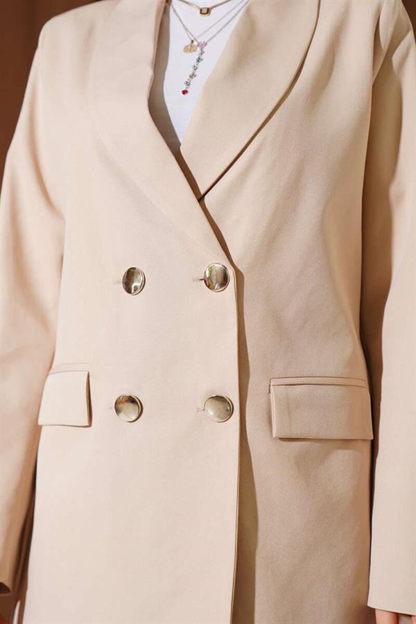 Four-Button Blazer Jacket with Pocket Flaps, Beige