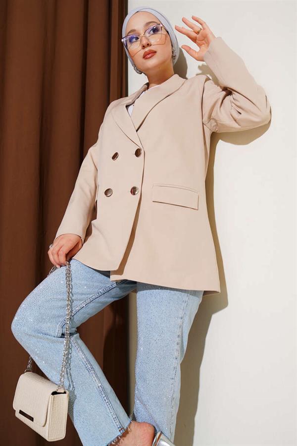 Four-Button Blazer Jacket with Pocket Flaps, Beige