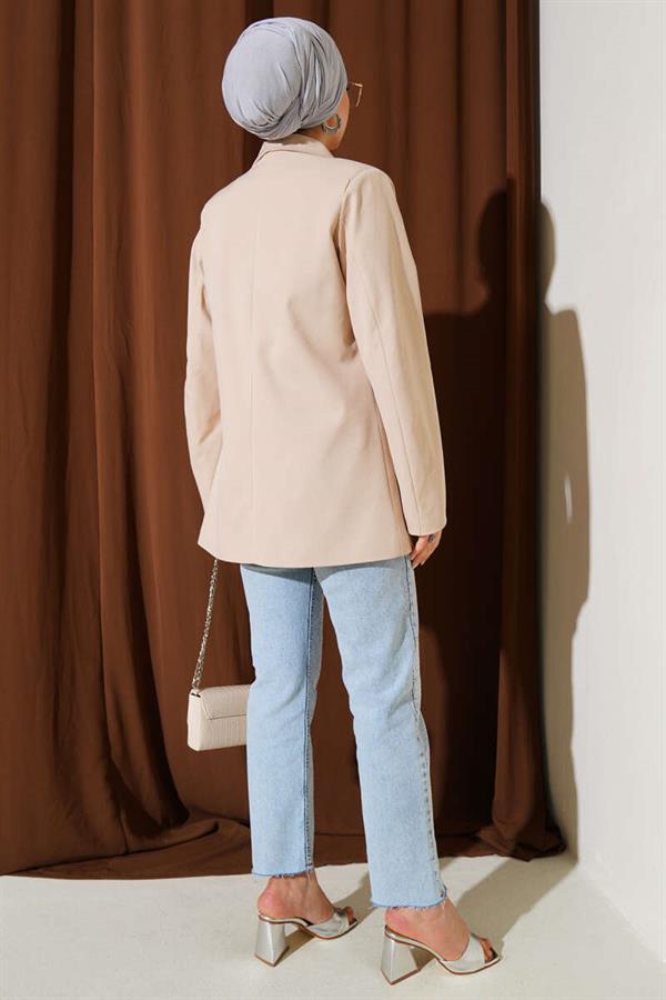 Four-Button Blazer Jacket with Pocket Flaps, Beige