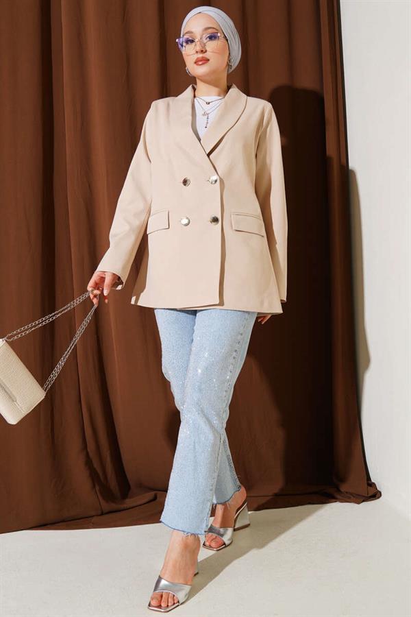 Four-Button Blazer Jacket with Pocket Flaps, Beige