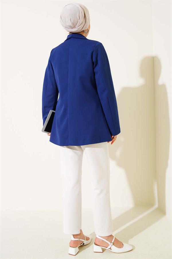 Four-Button Blazer Jacket with Pocket Flaps, Navy Blue