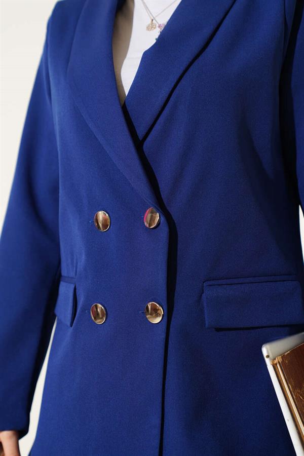 Four-Button Blazer Jacket with Pocket Flaps, Navy Blue