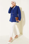 Four-Button Blazer Jacket with Pocket Flaps, Navy Blue