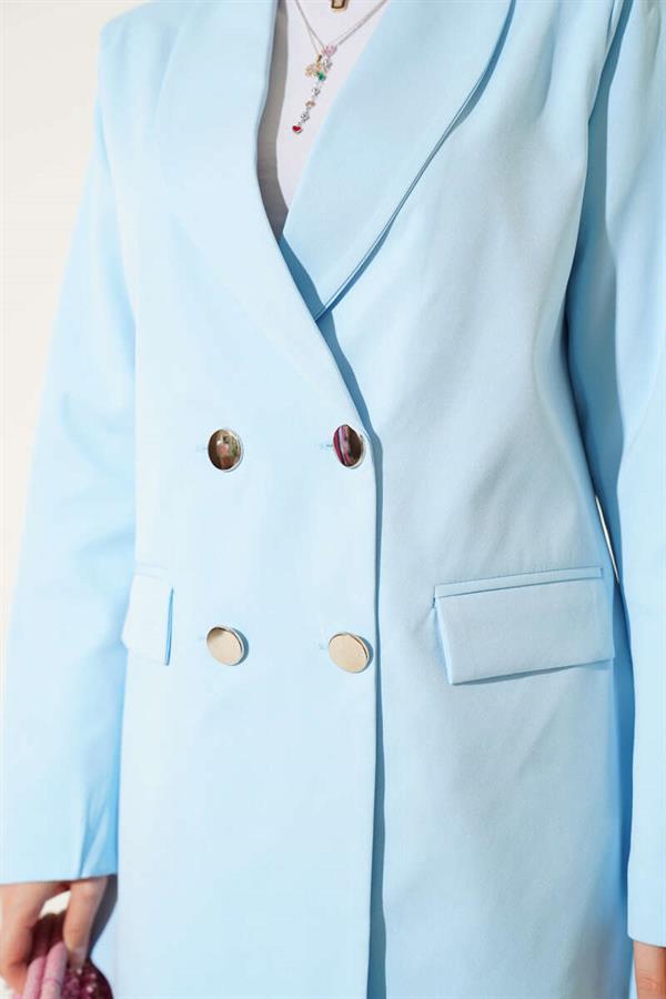 Four-Button Blazer Jacket with Pocket Flaps Blue