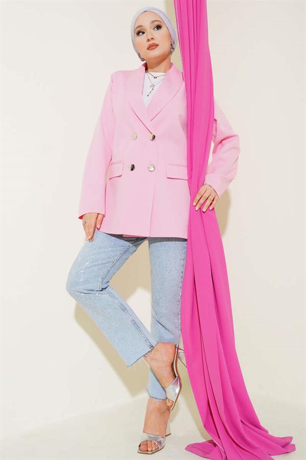 Four-Button Blazer Jacket with Pocket Flaps, Pink