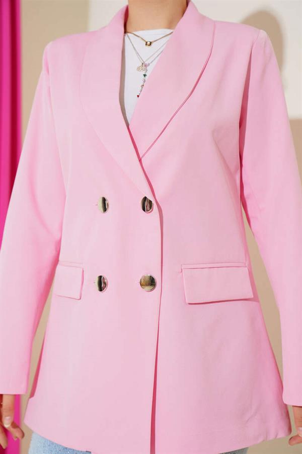 Four-Button Blazer Jacket with Pocket Flaps, Pink