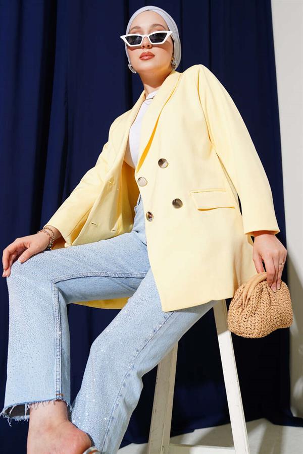 Four-Button Blazer Jacket with Pocket Flaps Yellow
