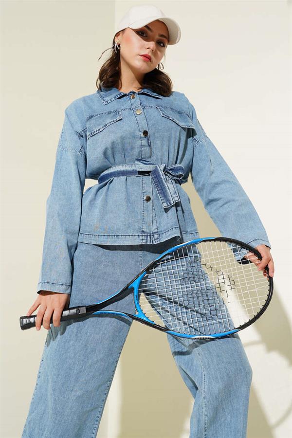Pocket Flap Buttoned Belted Denim 2 Piece Set Denim Blue